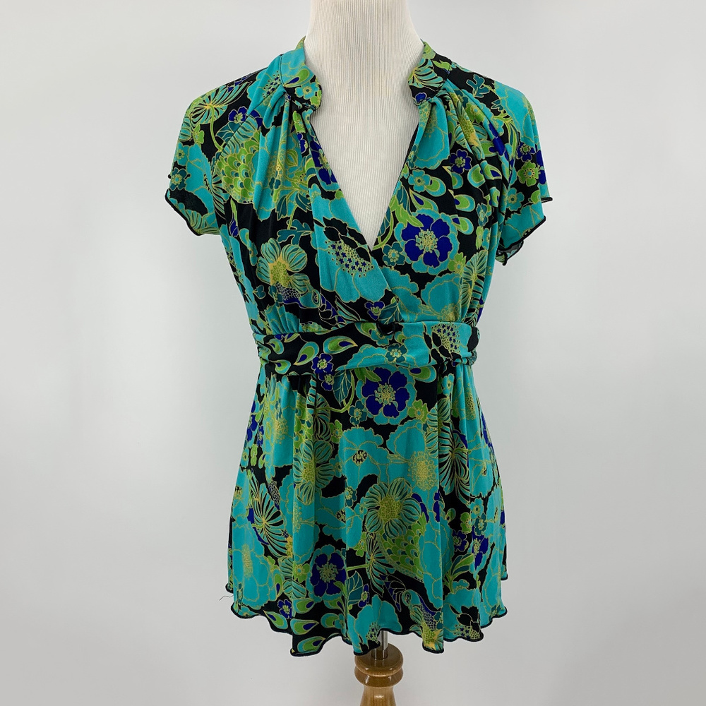 JTB Floral Aqua Blue and Lime Blouse Large